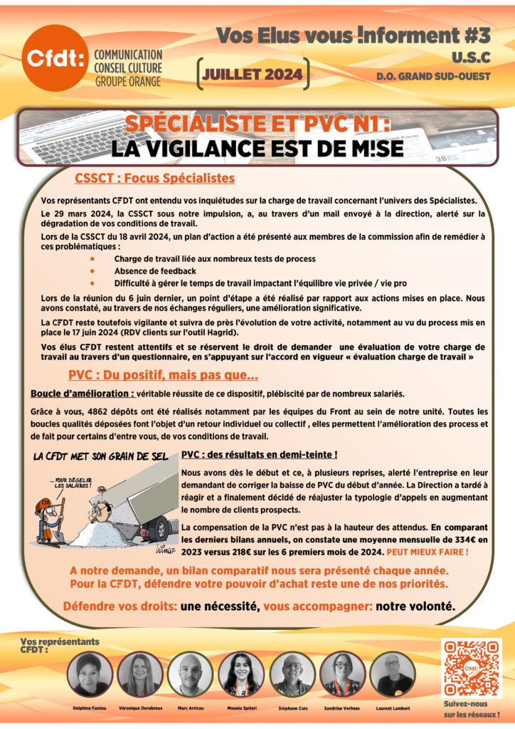 VOS ELUS VOUS INFORMENT #3
U.S.C
Juillet 2024
SPÉCIALISTE ET PVC N1 :
LA VIGILANCE EST DE MISE
CSSCT : Focus Spécialistes 
Vos représentants CFDT ont entendu vos inquiétudes sur la charge de travail concernant l’univers des Spécialistes.
Le 29 mars 2024, la CSSCT sous notre impulsion, a, au travers d’un mail envoyé à la direction, alerté sur la dégradation de vos conditions de travail. 
Lors de la CSSCT du 18 avril 2024, un plan d’action a été présenté aux membres de la commission afin de remédier à ces problématiques :
Charge de travail liée aux nombreux tests de process
Absence de feedback
Difficulté à gérer le temps de travail impactant l’équilibre vie privée / vie pro 
Lors de la réunion du 6 juin dernier, un point d’étape a été réalisé par rapport aux actions mises en place. Nous avons constaté, au travers de nos échanges réguliers, une amélioration significative. 
La CFDT reste toutefois vigilante et suivra de près l’évolution de votre activité, notamment au vu du process mis en place le 17 juin 2024 (RDV clients sur l’outil Hagrid).
Vos élus CFDT restent attentifs et se réservent le droit de demander  une évaluation de votre charge de travail au travers d’un questionnaire, en s’appuyant sur l’accord en vigueur « évaluation charge de travail » 
PVC : Du positif, mais pas que...
Boucle d’amélioration : véritable réussite de ce dispositif, plébiscité par de nombreux salariés. 
Grâce à vous, 4862 dépôts ont été réalisés notamment par les équipes du Front au sein de notre unité. Toutes les boucles qualités déposées font l’objet d’un retour individuel ou collectif , elles permettent l’amélioration des process et de fait pour certains d’entre vous, de vos conditions de travail.
PVC : des résultats en demi-teinte !
Nous avons dès le début et ce, à plusieurs reprises, alerté l’entreprise en leur demandant de corriger la baisse de PVC du début d’année. La Direction a tardé à réagir et a finalement décidé de réajuster la typologie d’appels en augmentant le nombre de clients prospects.
La compensation de la PVC n’est pas à la hauteur des attendus. En comparant les derniers bilans annuels, on constate une moyenne mensuelle de 334€ en 2023 versus 218€ sur les 6 premiers mois de 2024. PEUT MIEUX FAIRE !
A notre demande, un bilan comparatif nous sera présenté chaque année. 
Pour la CFDT, défendre votre pouvoir d’achat reste une de nos priorités.
Défendre vos droits: une nécessité, vous accompagner: notre volonté.