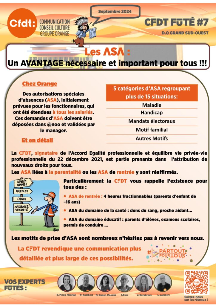 CFDT FUTÉ #7 Les ASA : Un AVANTAGE nécessaire et important pour tous !

Chez Orange
Des autorisations spéciales d’absences (ASA), initialement prévues pour les fonctionnaires, qui ont été étendues à tous les salariés. Ces demandes d’ASA doivent être déposées dans @noo et validées par le manager.
5 catégories d’ASA regroupant 
plus de 15 situations:
Maladie
Handicap
Mandats électoraux
Motif familial
Autres Motifs

Des autorisations spéciales d’absences (ASA), initialement prévues pour les fonctionnaires, qui ont été étendues à tous les salariés. Ces demandes d’ASA doivent être déposées dans @noo et validées par le manager.
	Et en détail 

La CFDT, signataire de l’Accord Egalité professionnelle et équilibre vie privée-vie professionnelle du 22 décembre 2021, est partie prenante dans  l’attribution de nouveaux droits pour tous. 
Les ASA liées à la parentalité ou les ASA de rentrée y sont réaffirmés.
Particulièrement la CFDT vous rappelle l’existence pour tous des :
ASA de rentrée : 4 heures fractionnables (parents d’enfant de        –16 ans)
ASA du domaine de la santé : dons du sang, proche aidant...
ASA du domaine éducatif : parents d’élèves, examens scolaires, permis de conduire …

Les motifs de prise d’ASA sont nombreux n’hésitez pas à revenir vers nous.
#partoutpourtous

La CFDT revendique une communication plus
 détaillée et plus large de ces possibilités.






