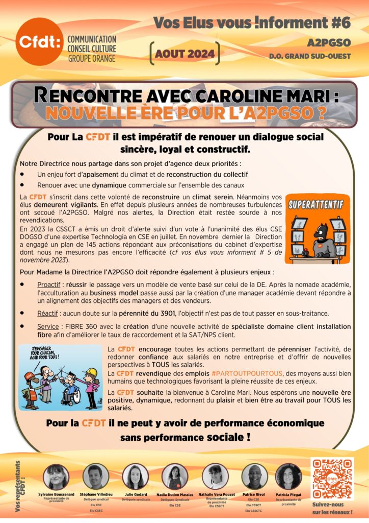 RENCONTRE AVEC CAROLINE MARI : 
NOUVELLE ÈRE POUR L’A2PGSO ?
Pour La CFDT il est impératif de renouer un dialogue social 
sincère, loyal et constructif.  
Notre Directrice nous partage dans son projet d’agence deux priorités :
Un enjeu fort d’apaisement du climat et de reconstruction du collectif
Renouer avec une dynamique commerciale sur l’ensemble des canaux
La CFDT s’inscrit dans cette volonté de reconstruire un climat serein. Néanmoins vos élus demeurent vigilants. En effet depuis plusieurs années de nombreuses turbulences ont secoué l’A2PGSO. Malgré nos alertes, la Direction était restée sourde à nos revendications. 
En 2023 la CSSCT a émis un droit d’alerte suivi d’un vote à l’unanimité des élus CSE DOGSO d’une expertise Technologia en CSE en juillet. En novembre  dernier la   Direction a engagé un plan de 145 actions répondant aux préconisations du cabinet d’expertise dont nous ne mesurons pas encore l’efficacité (cf vos élus vous informent # 5 de novembre 2023).
Pour Madame la Directrice l’A2PGSO doit répondre également à plusieurs enjeux :
Proactif : réussir le passage vers un modèle de vente basé sur celui de la DE. Après la nomade académie, l’acculturation au business model passe aussi par la création d’une manager académie devant répondre à un alignement des objectifs des managers et des vendeurs.
Réactif : aucun doute sur la pérennité du 3901, l’objectif n’est pas de tout passer en sous-traitance.
Service : FIBRE 360 avec la création d’une nouvelle activité de spécialiste domaine client installation fibre afin d’améliorer le taux de raccordement et la SAT/NPS client.
La CFDT encourage toutes les actions permettant de pérenniser l’activité, de redonner confiance aux salariés en notre entreprise et d’offrir de nouvelles perspectives à TOUS les salariés. 
La CFDT revendique des emplois #PARTOUTPOURTOUS, des moyens aussi bien humains que technologiques favorisant la pleine réussite de ces enjeux.
La CFDT souhaite la bienvenue à Caroline Mari. Nous espérons une nouvelle ère positive, dynamique, redonnant du plaisir et bien être au travail pour TOUS les salariés.
Pour la CFDT il ne peut y avoir de performance économique 
sans performance sociale !