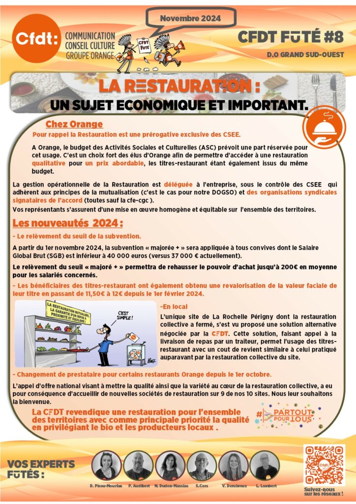 CFDT FUTÉ 8 LA RESTAURATION : UN SUJET ECONOMIQUE ET IMPORTANT.