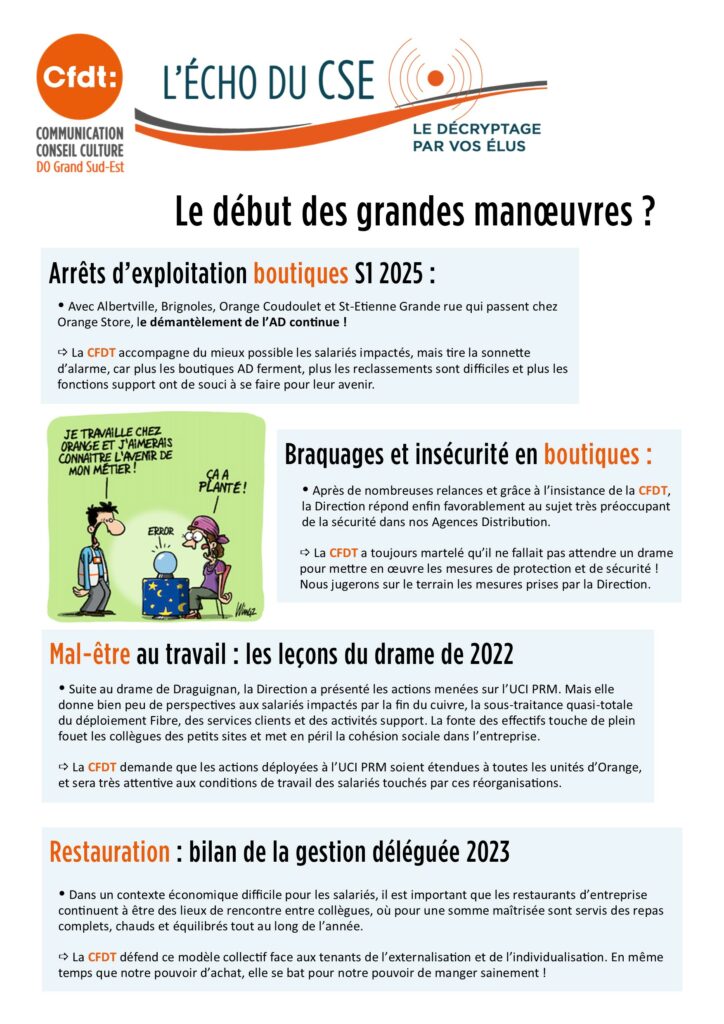 L'ECHO DU CSE 3
Le début des grandes manœuvres ?
Arrêts d’exploitation boutiques S1 2025 :
 Avec Albertville, Brignoles, Orange Coudoulet et St-Etienne Grande rue qui passent chez Orange Store, le démantèlement de l’AD continue !

ð La CFDT accompagne du mieux possible les salariés impactés, mais tire la sonnette d’alarme, car plus les boutiques AD ferment, plus les reclassements sont difficiles et plus les fonctions support ont de souci à se faire pour leur avenir.
Braquages et insécurité en boutiques :
 Après de nombreuses relances et grâce à l’insistance de la CFDT, la Direction répond enfin favorablement au sujet très préoccupant de la sécurité dans nos Agences Distribution.

ð La CFDT a toujours martelé qu’il ne fallait pas attendre un drame pour mettre en œuvre les mesures de protection et de sécurité ! Nous jugerons sur le terrain les mesures prises par la Direction.
Mal-être au travail : les leçons du drame de 2022
 Suite au drame de Draguignan, la Direction a présenté les actions menées sur l’UCI PRM. Mais elle donne bien peu de perspectives aux salariés impactés par la fin du cuivre, la sous-traitance quasi-totale du déploiement Fibre, des services clients et des activités support. La fonte des effectifs touche de plein fouet les collègues des petits sites et met en péril la cohésion sociale dans l’entreprise.

ð La CFDT demande que les actions déployées à l’UCI PRM soient étendues à toutes les unités d’Orange, et sera très attentive aux conditions de travail des salariés touchés par ces réorganisations.
Restauration : bilan de la gestion déléguée 2023
 Dans un contexte économique difficile pour les salariés, il est important que les restaurants d’entreprise continuent à être des lieux de rencontre entre collègues, où pour une somme maîtrisée sont servis des repas complets, chauds et équilibrés tout au long de l’année.

ð La CFDT défend ce modèle collectif face aux tenants de l’externalisation et de l’individualisation. En même temps que notre pouvoir d’achat, elle se bat pour notre pouvoir de manger sainement !





