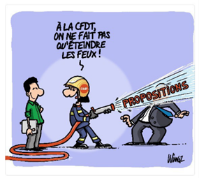 dessin humoristique:
Pompier cfdt éteignant la direction avec des propositions devant un salarié