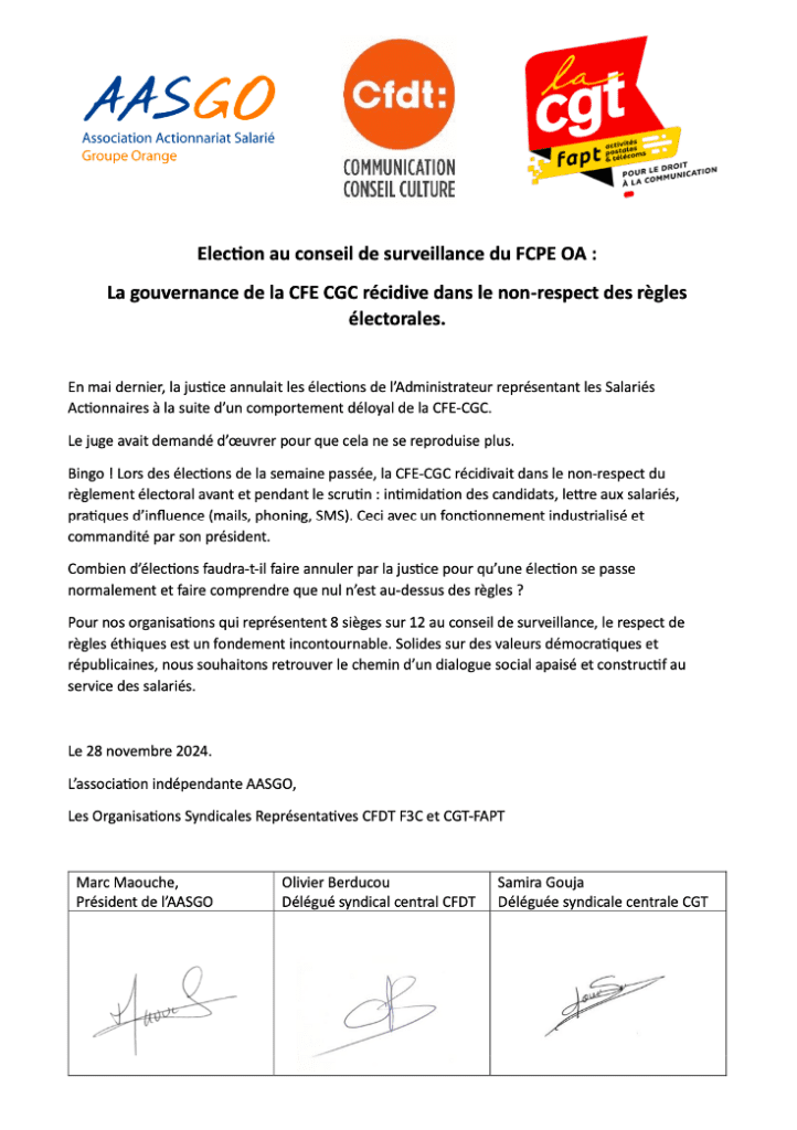 Tract commun AASGO, CFDT, CGT à dénonçant la CFE-CGC : L’actionnariat salarié mérite d’être respecté : condamnée une nouvelle fois au Tribunal, en appel, la CFE CGC Orange dans le déni !