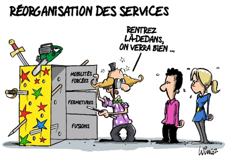 dessin humoristique:
magicien présentant à des salariés une boite traversée d'objets tranchants